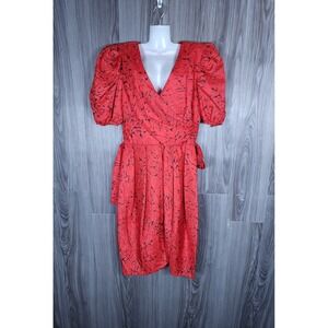 Vintage Nuit Red Black Abstract Print‎ Puff Sleeve Rosette Cocktail Dress 80s